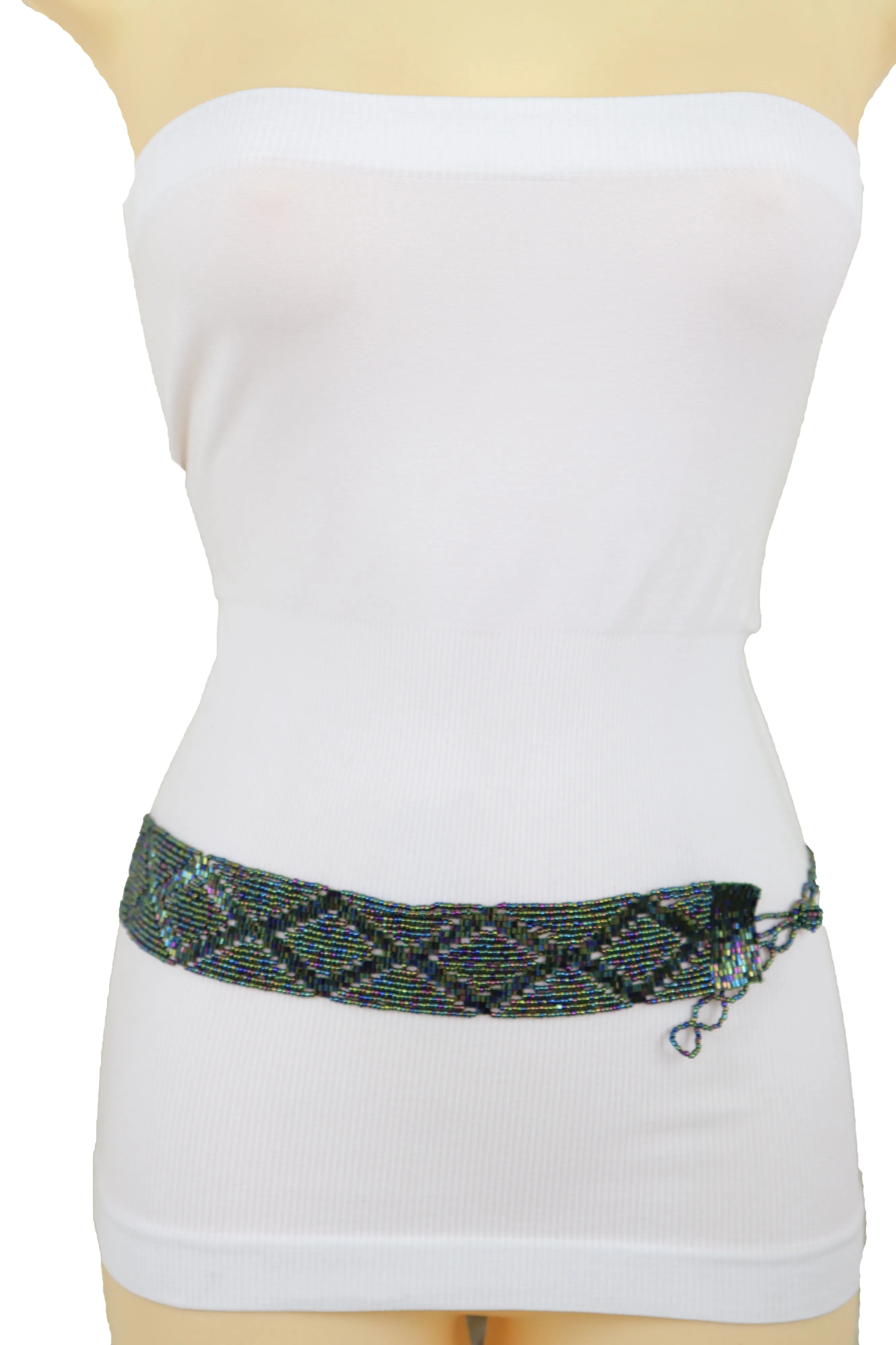 Green Color Beads Waistband Trendy Tie Fashion Belt Hip Waist Fit Size S M