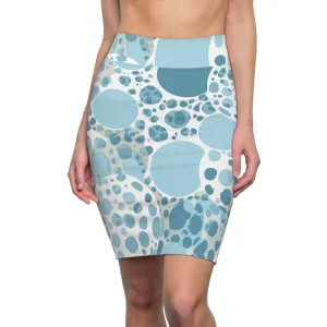 High Waist Womens Pencil Skirt - Contour Stretch - Blue and White Circular Spotted Illustration