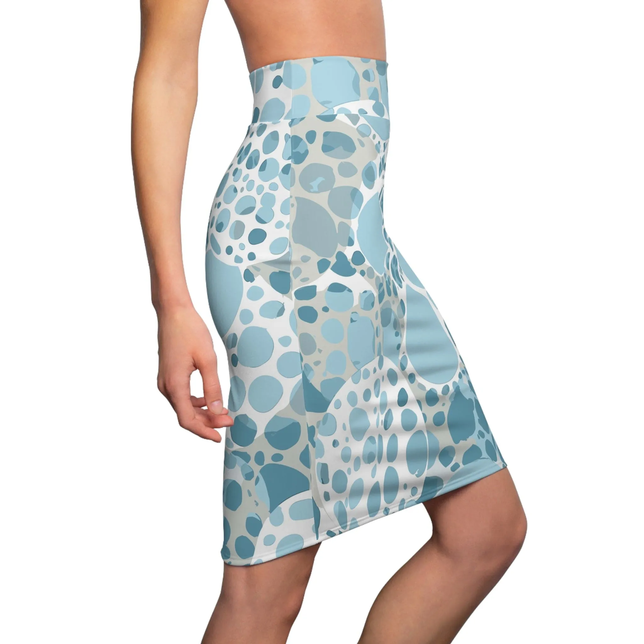 High Waist Womens Pencil Skirt - Contour Stretch - Blue and White Circular Spotted Illustration