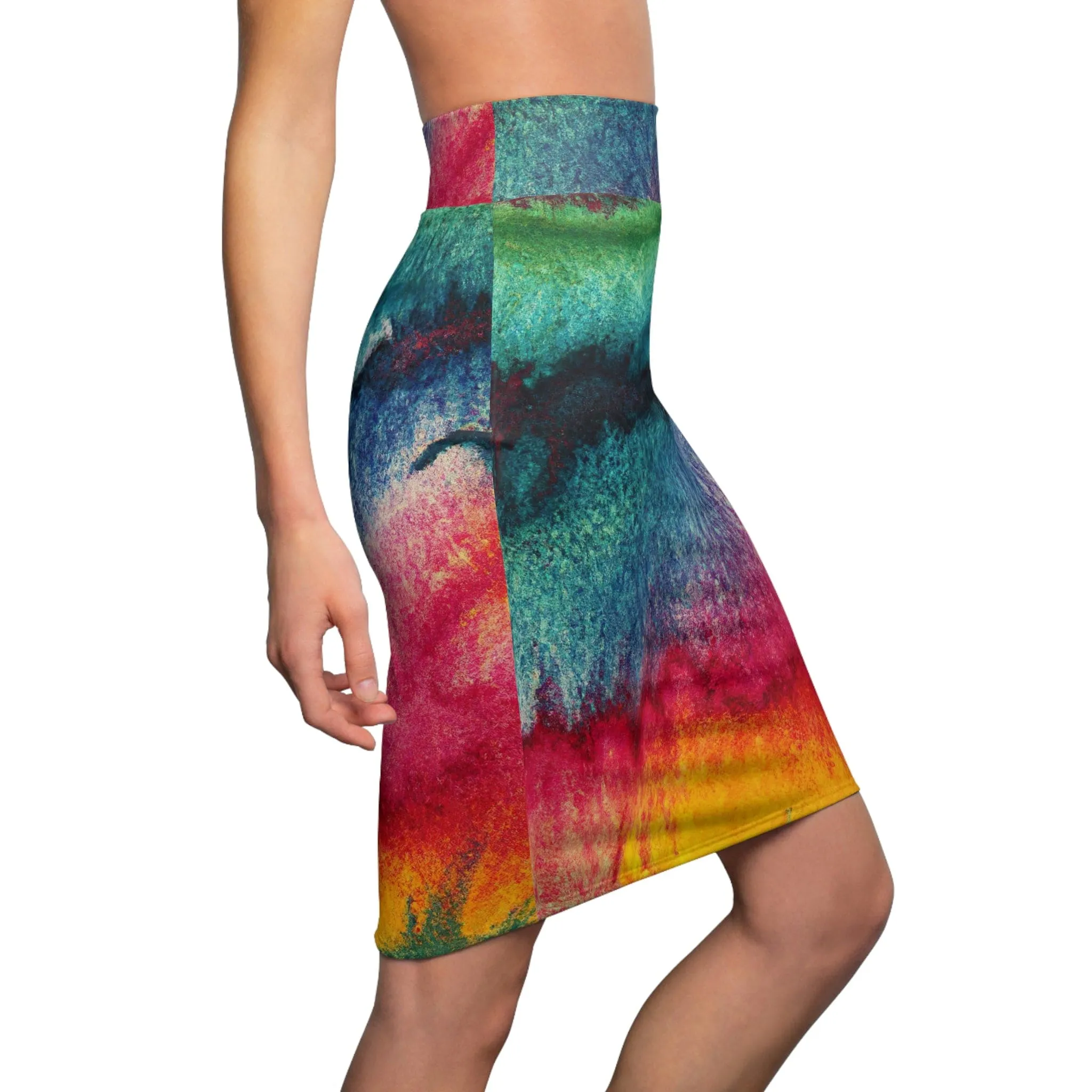 High Waist Womens Pencil Skirt - Contour Stretch - Multicolor Watercolor Abstract Print