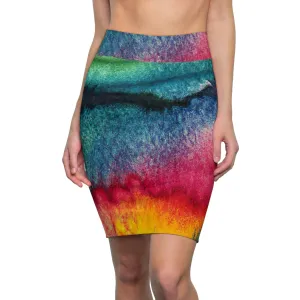 High Waist Womens Pencil Skirt - Contour Stretch - Multicolor Watercolor Abstract Print