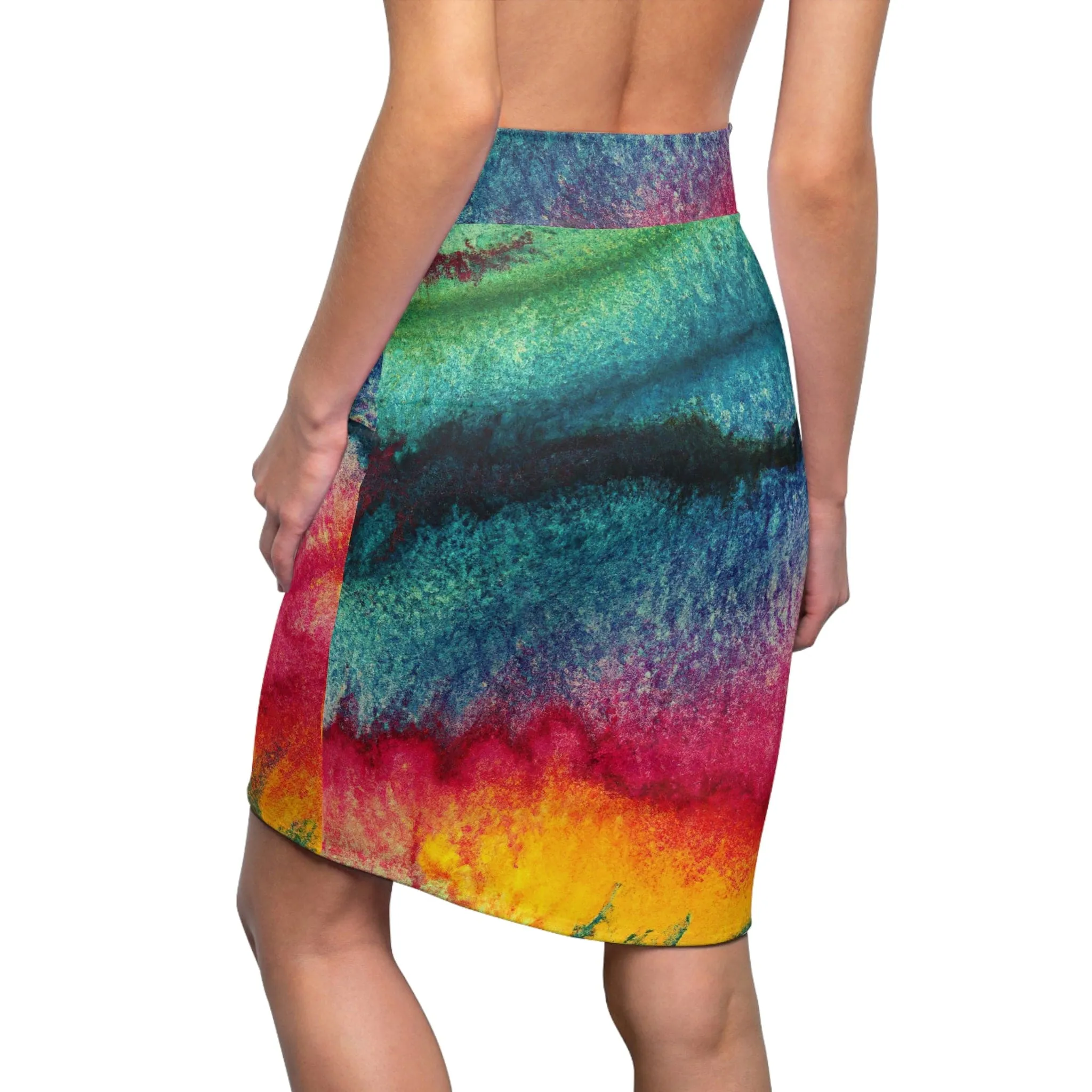 High Waist Womens Pencil Skirt - Contour Stretch - Multicolor Watercolor Abstract Print