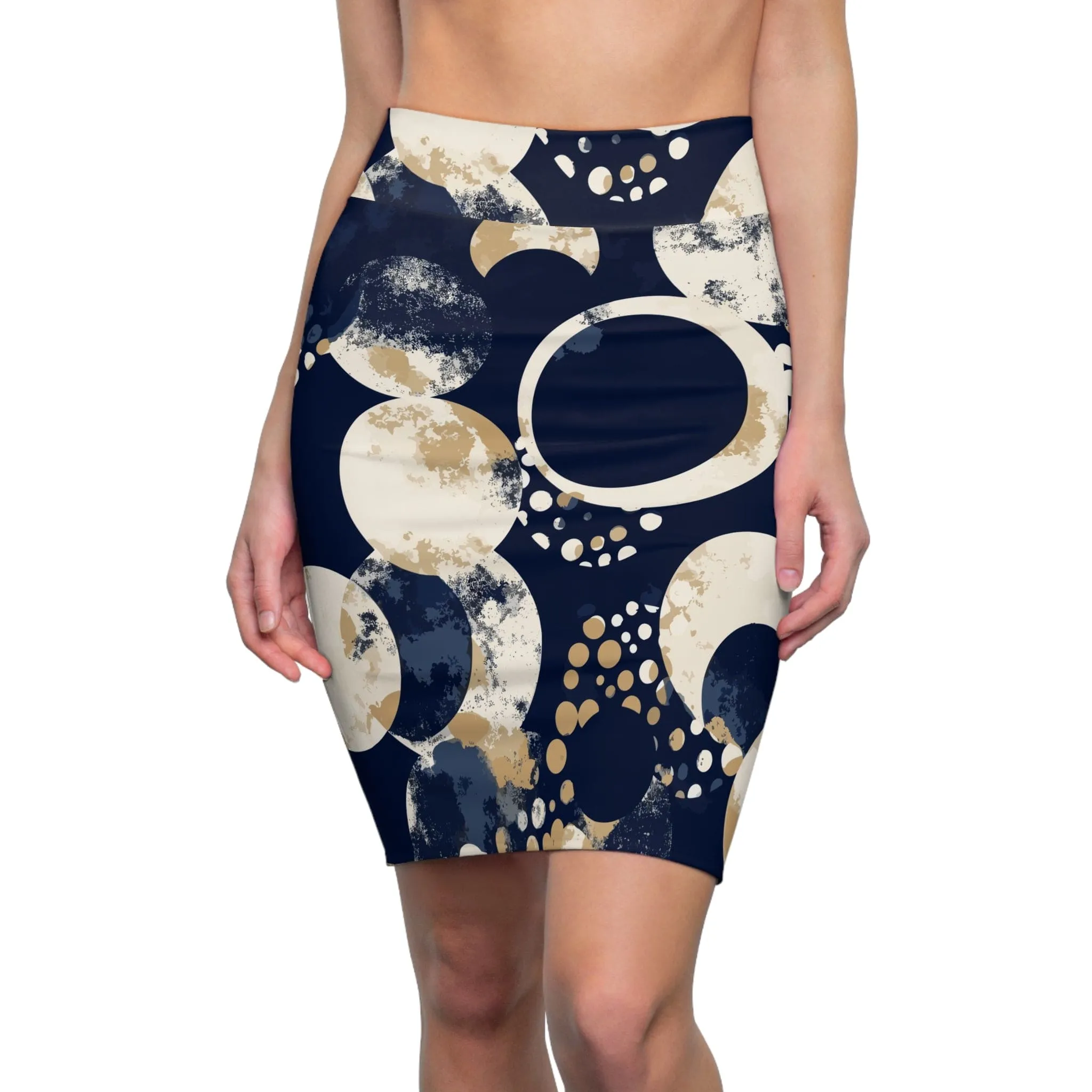 High Waist Womens Pencil Skirt - Contour Stretch - Navy Blue and Beige Spotted Illustration