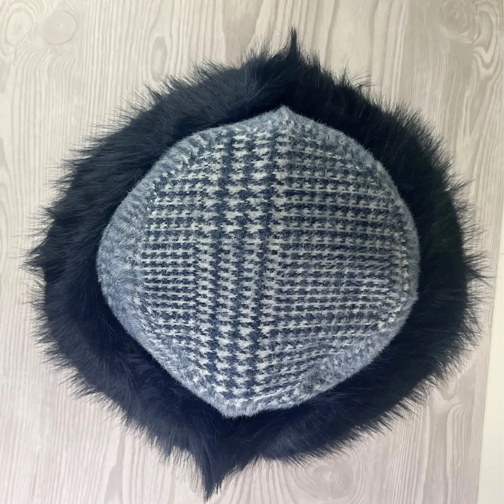 Ladies Prince of Wales Check Bucket Hat with Fluffy Brim By Alex Max