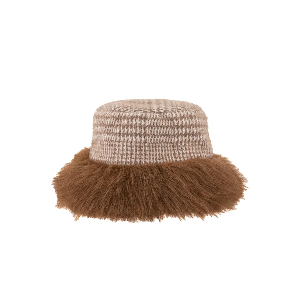 Ladies Prince of Wales Check Bucket Hat with Fluffy Brim By Alex Max