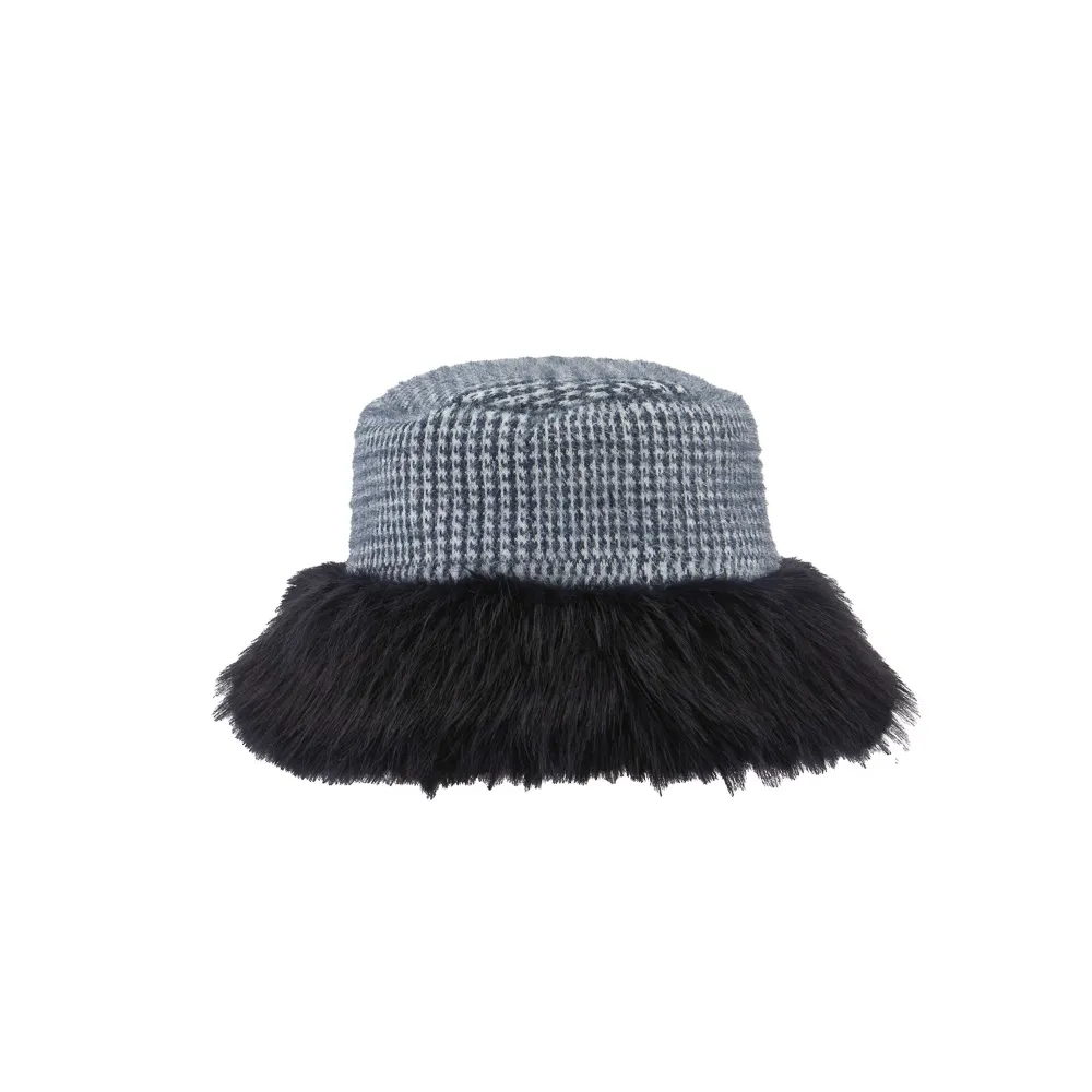 Ladies Prince of Wales Check Bucket Hat with Fluffy Brim By Alex Max