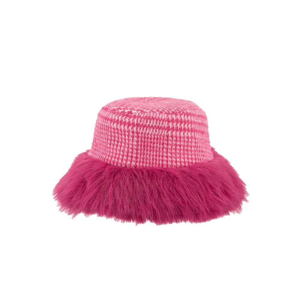 Ladies Prince of Wales Check Bucket Hat with Fluffy Brim By Alex Max