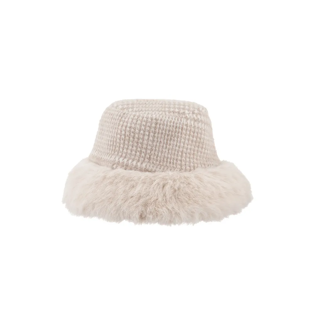 Ladies Prince of Wales Check Bucket Hat with Fluffy Brim By Alex Max