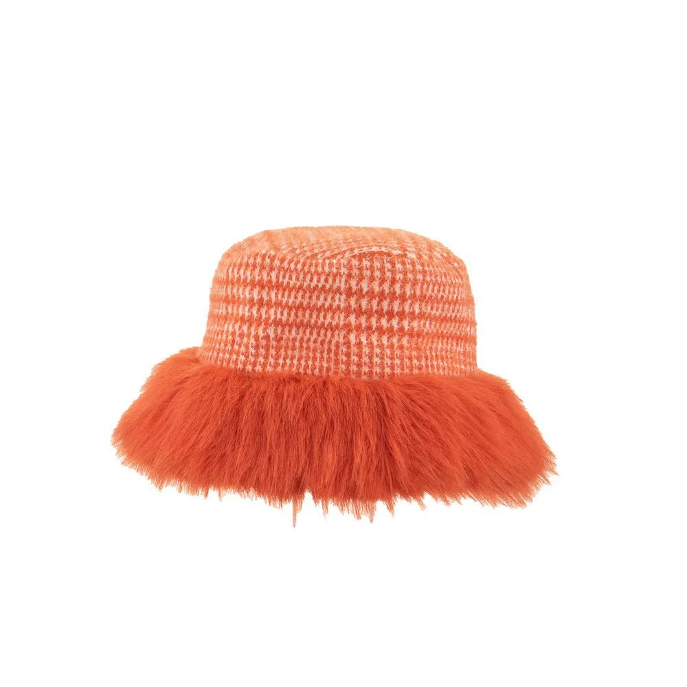 Ladies Prince of Wales Check Bucket Hat with Fluffy Brim By Alex Max