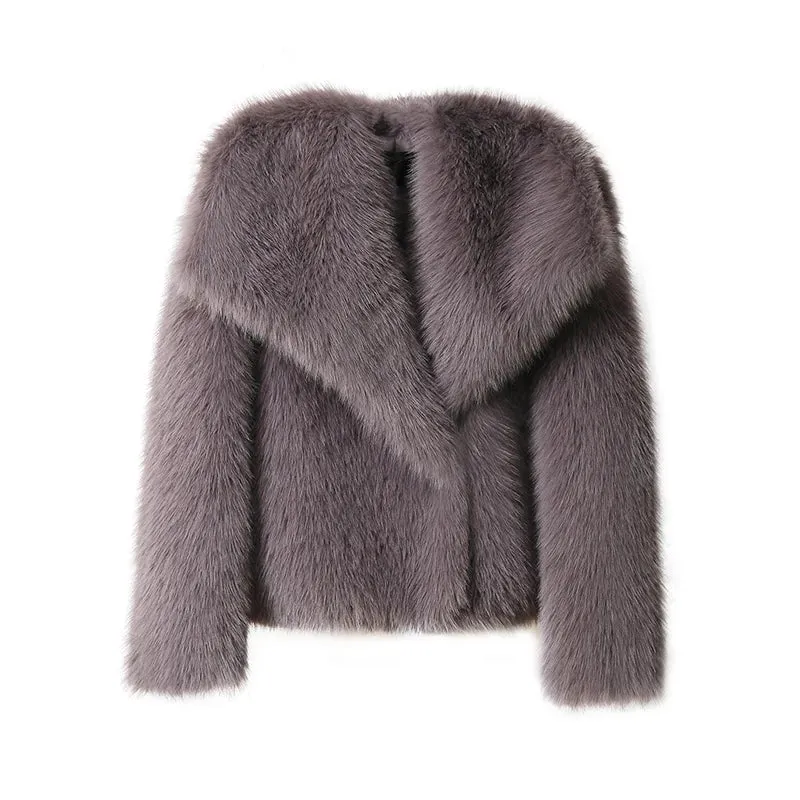 Luxury Chic Faux Fox Fur Winter Coat with Big Collar Fashion Jacket