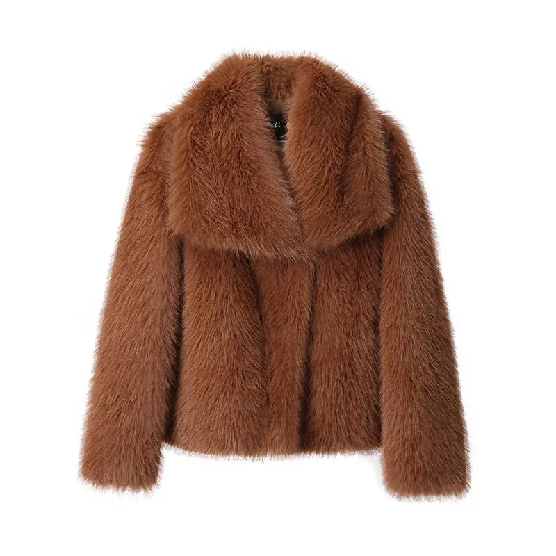 Luxury Chic Faux Fox Fur Winter Coat with Big Collar Fashion Jacket