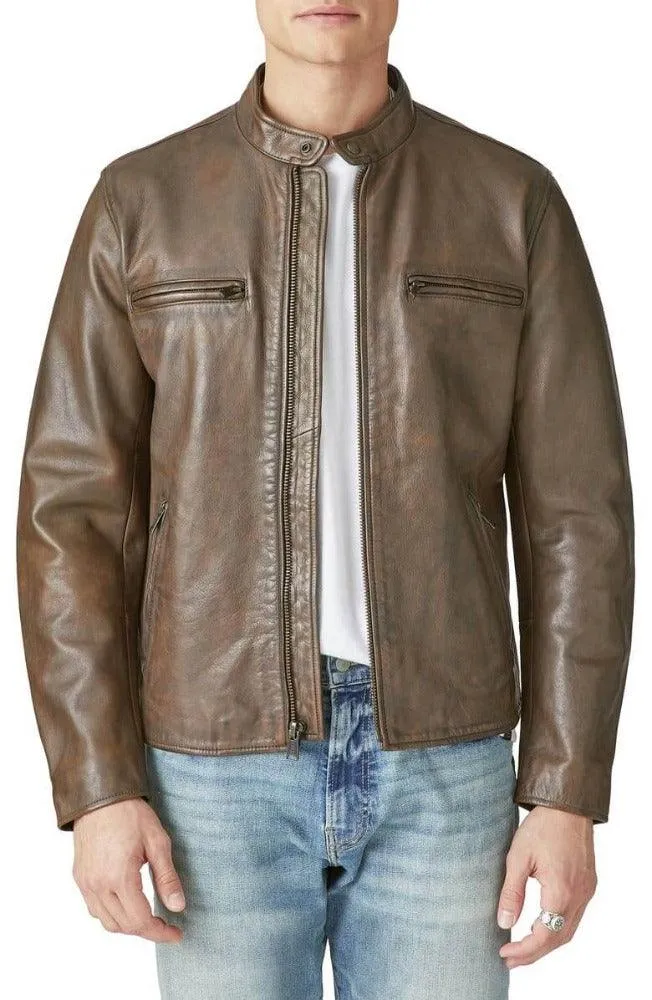 Mens Coffee Brown Leather Biker Jacket