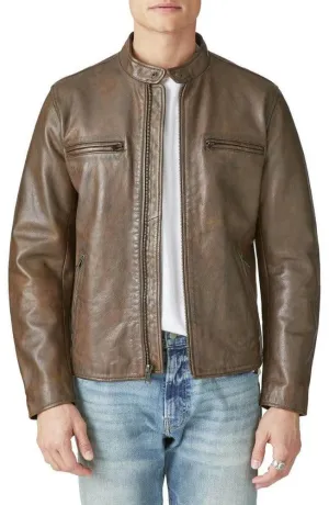 Mens Coffee Brown Leather Biker Jacket