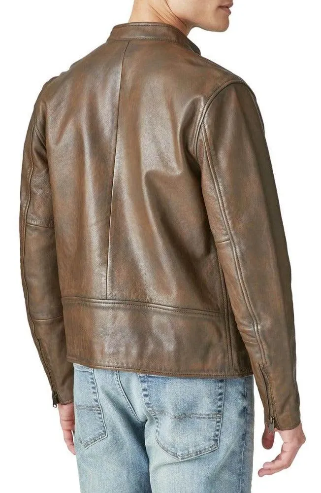 Mens Coffee Brown Leather Biker Jacket