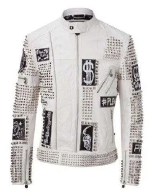 Mens Punk Full White Studded Embroidery Patches Leather Jacket