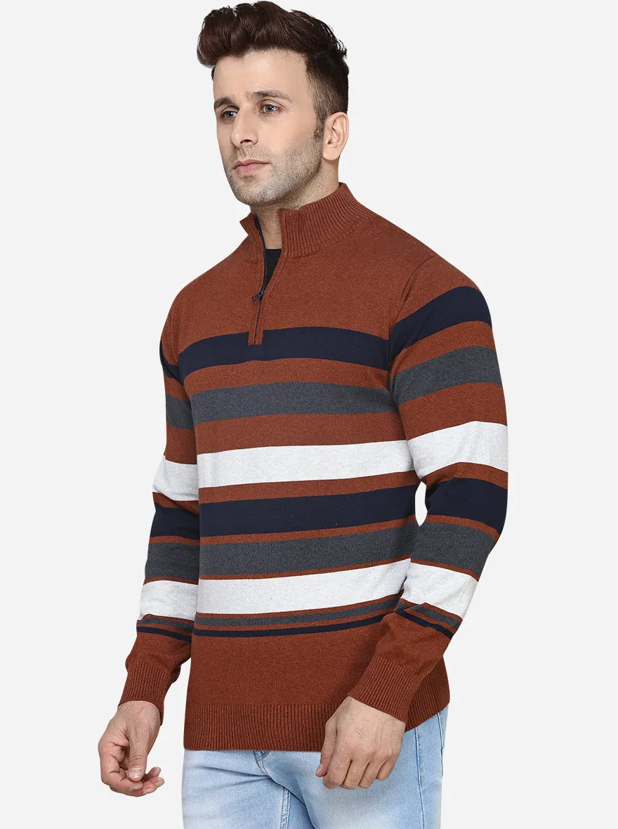 Navy Blue & Brown Striped Slim Fit T-Shirt | JadeBlue