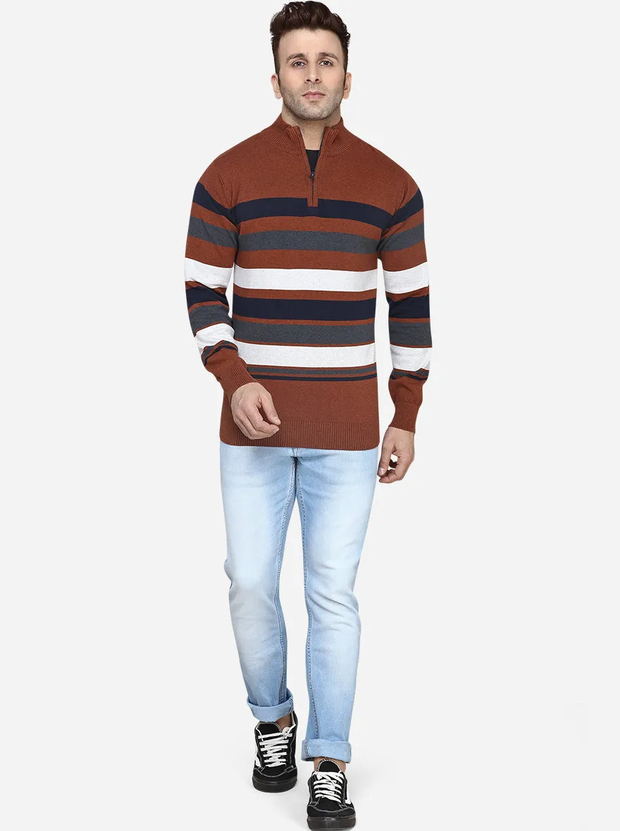 Navy Blue & Brown Striped Slim Fit T-Shirt | JadeBlue