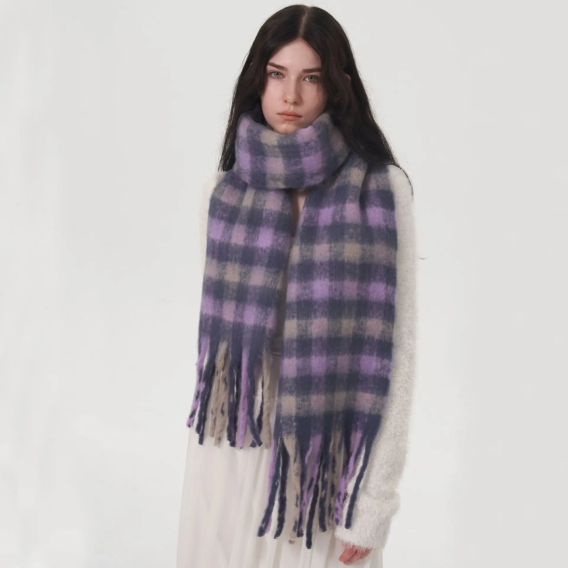 New Winter Warm Cashmere Fashion Purple Gray Gradient Plaid Scarf