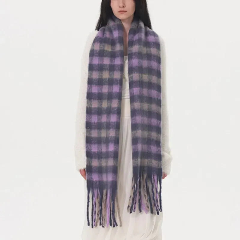 New Winter Warm Cashmere Fashion Purple Gray Gradient Plaid Scarf