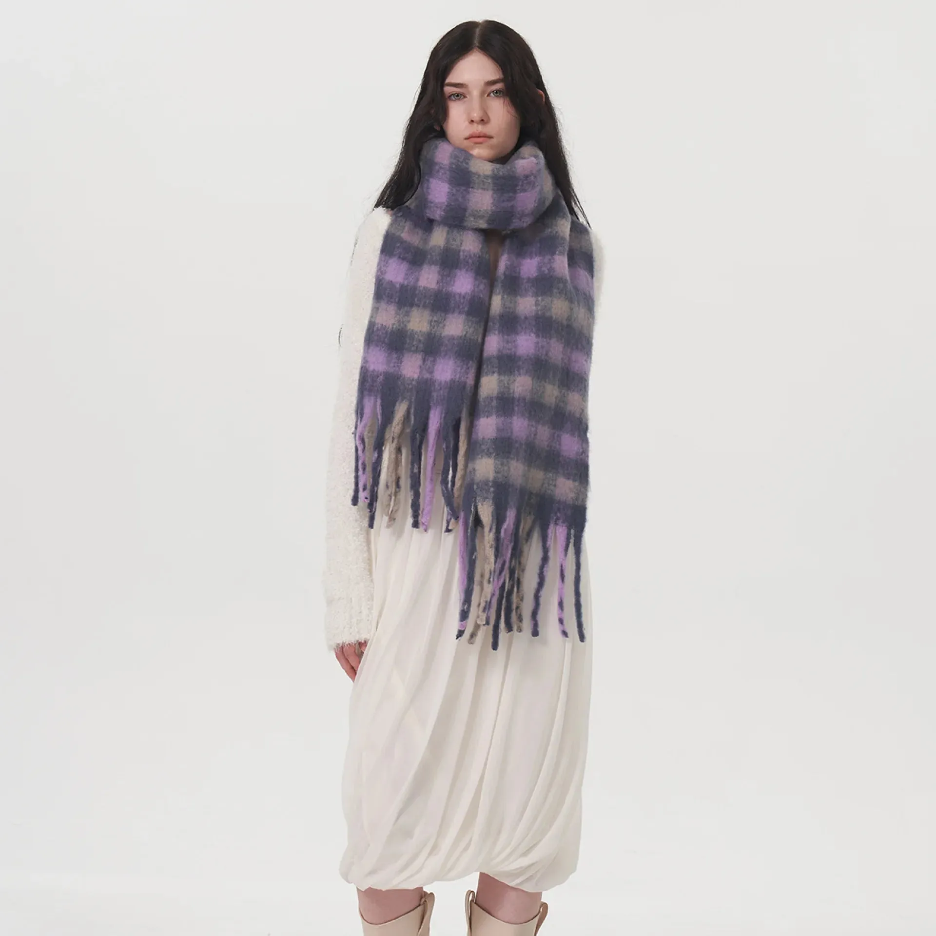 New Winter Warm Cashmere Fashion Purple Gray Gradient Plaid Scarf