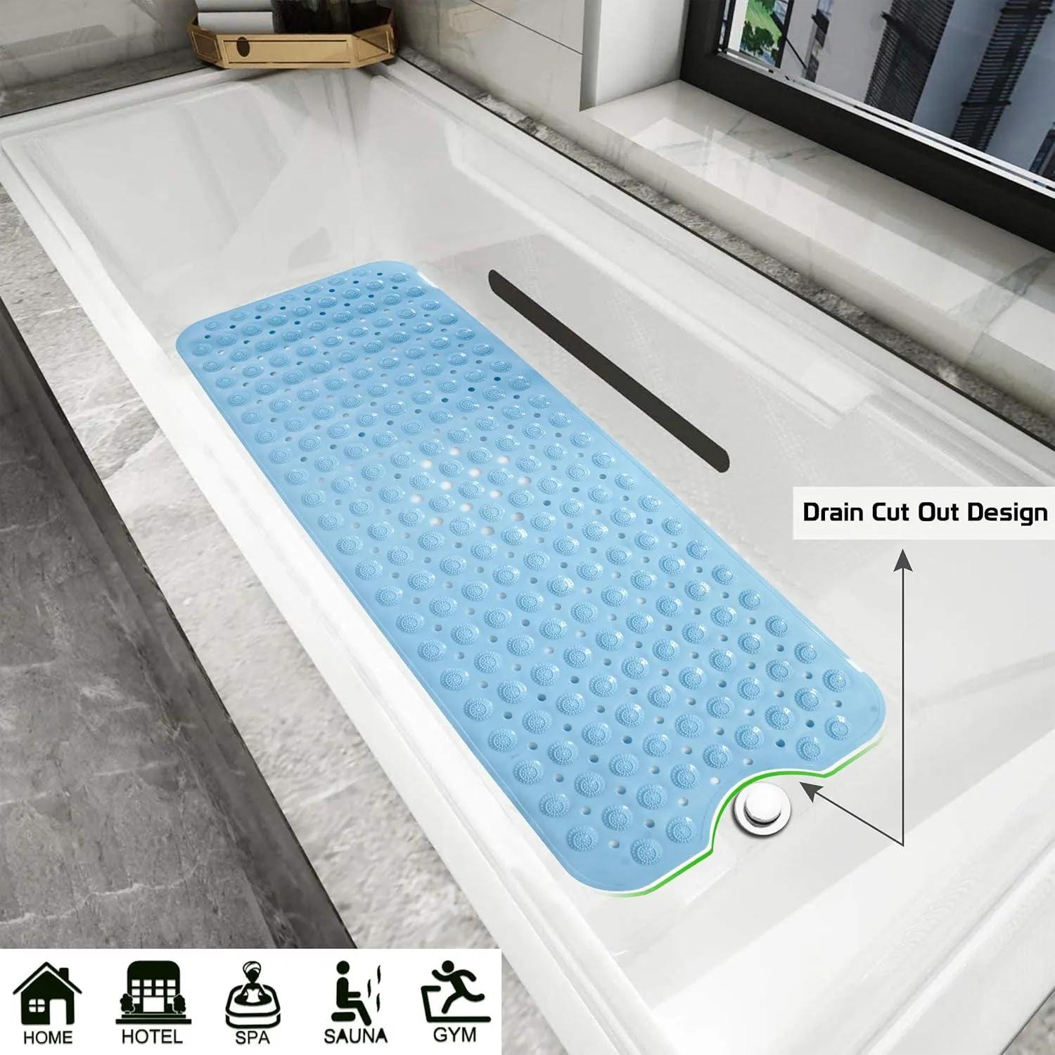 PVC Shower Mat Anti-Slip with Massage Acupressure Points, 40x100 cm, Blue