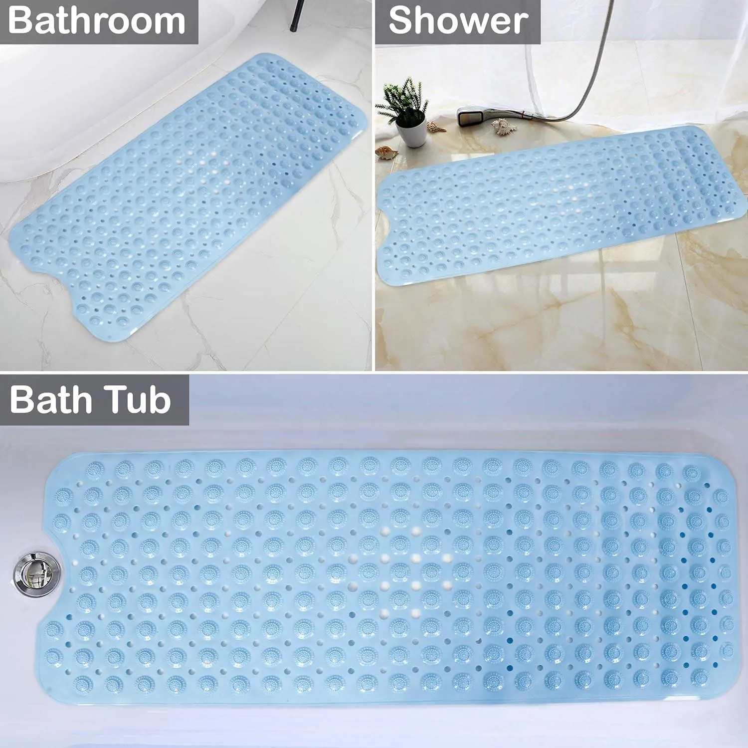 PVC Shower Mat Anti-Slip with Massage Acupressure Points, 40x100 cm, Blue