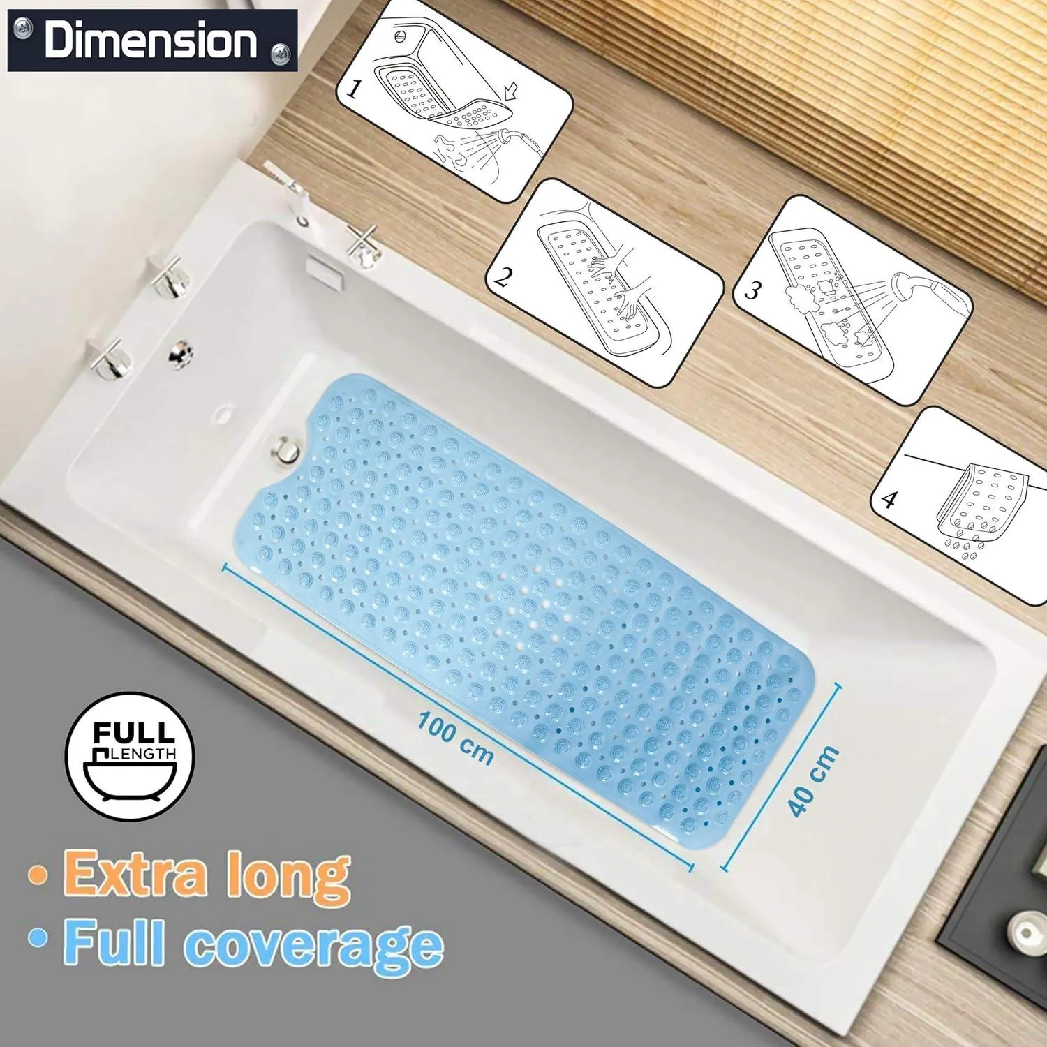 PVC Shower Mat Anti-Slip with Massage Acupressure Points, 40x100 cm, Blue