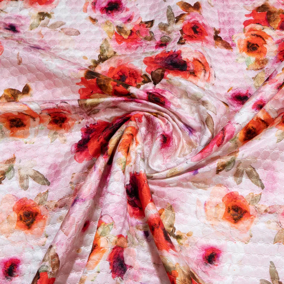 Red & Pink Rose Printed Cotton & Silk Blend Cloqué