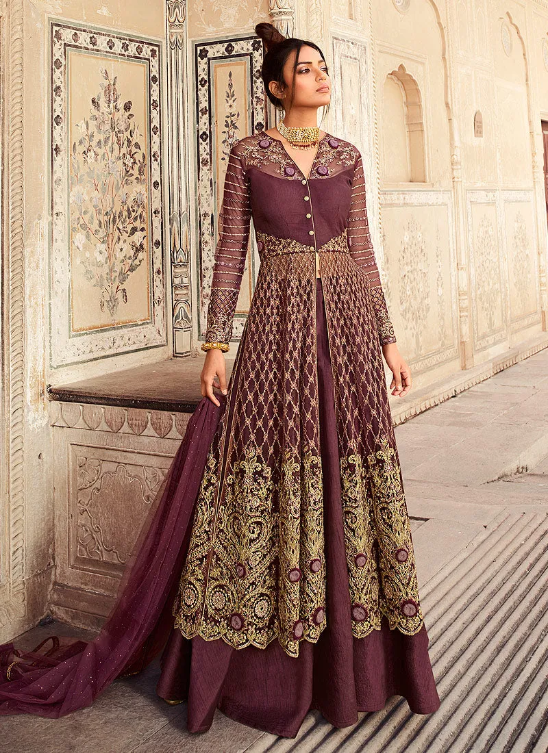 Rich Plum Embroidered Anarkali Lehenga/Pant Suit