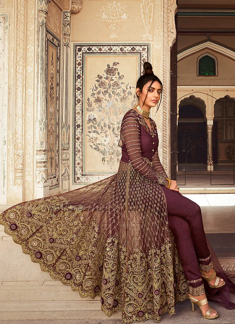 Rich Plum Embroidered Anarkali Lehenga/Pant Suit