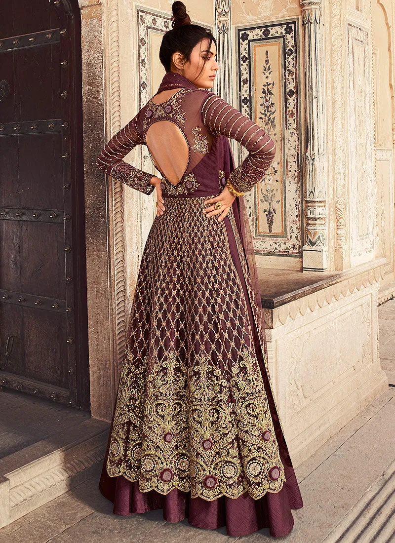 Rich Plum Embroidered Anarkali Lehenga/Pant Suit