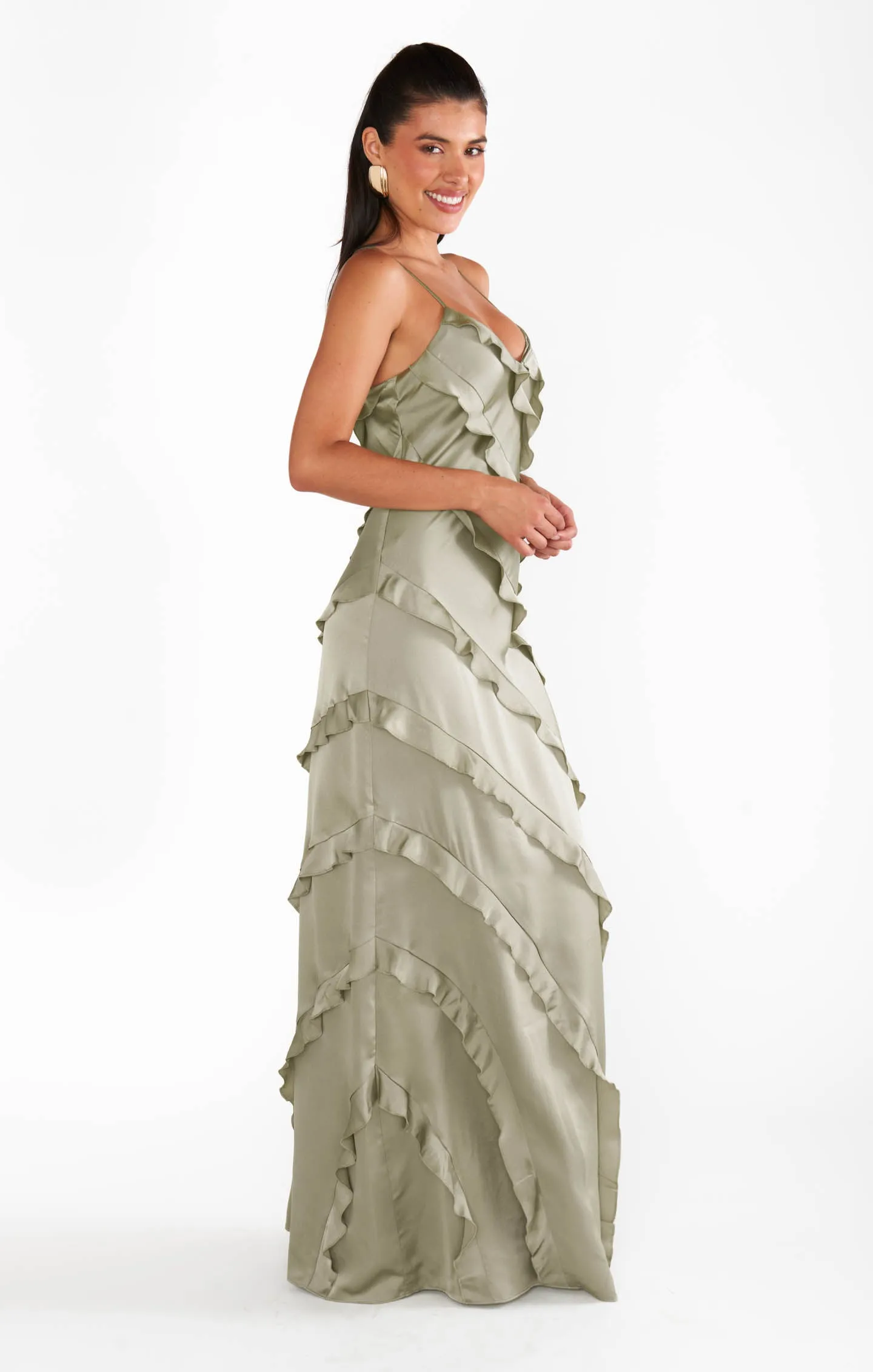 Romance Ruffle Dress ~ Moss Green Luxe Satin