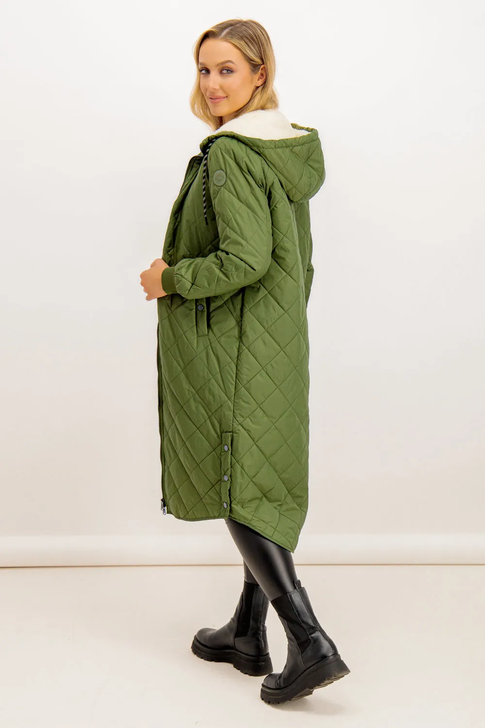 Sandy Fur Lined Khaki Green Quilted Coat