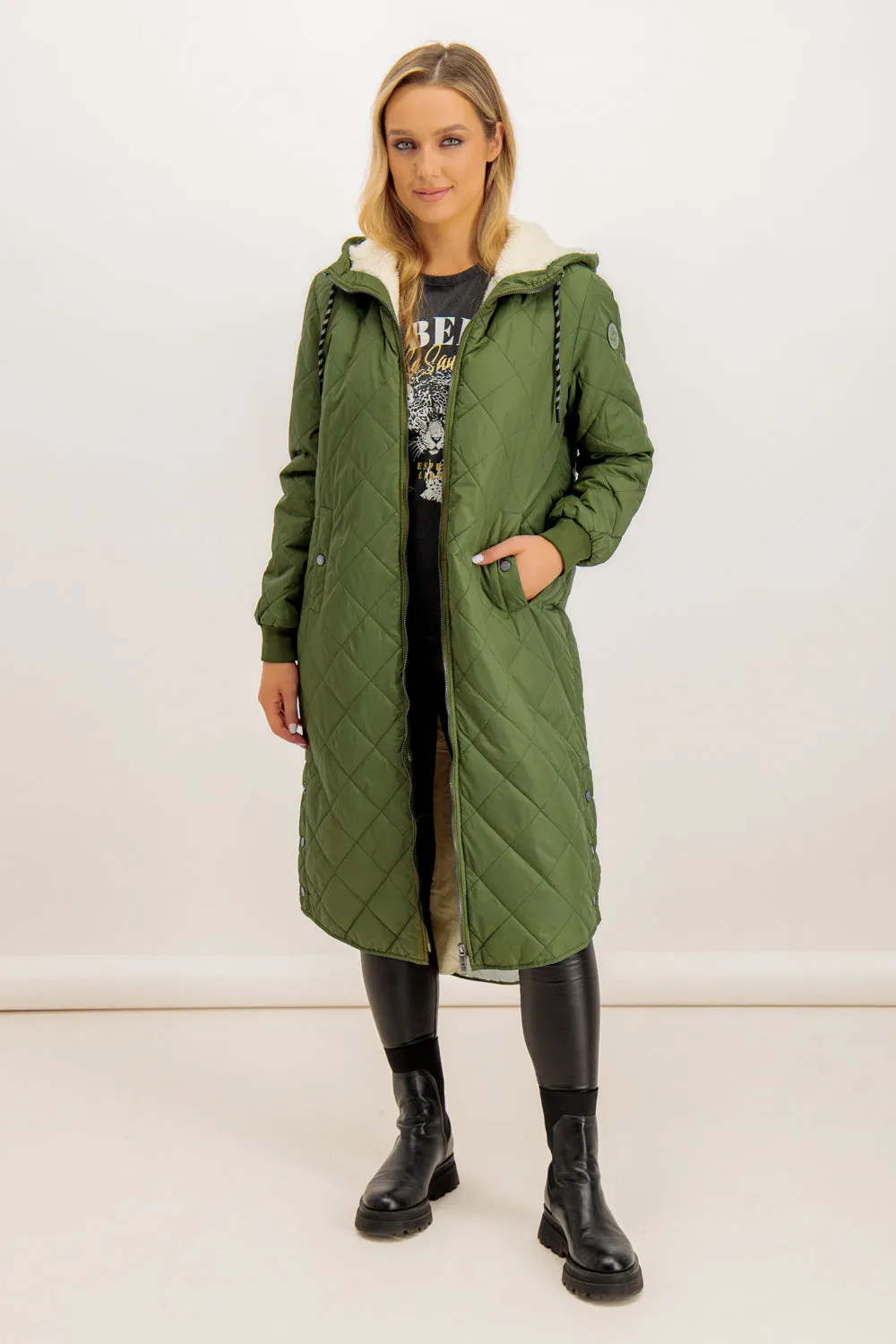 Sandy Fur Lined Khaki Green Quilted Coat