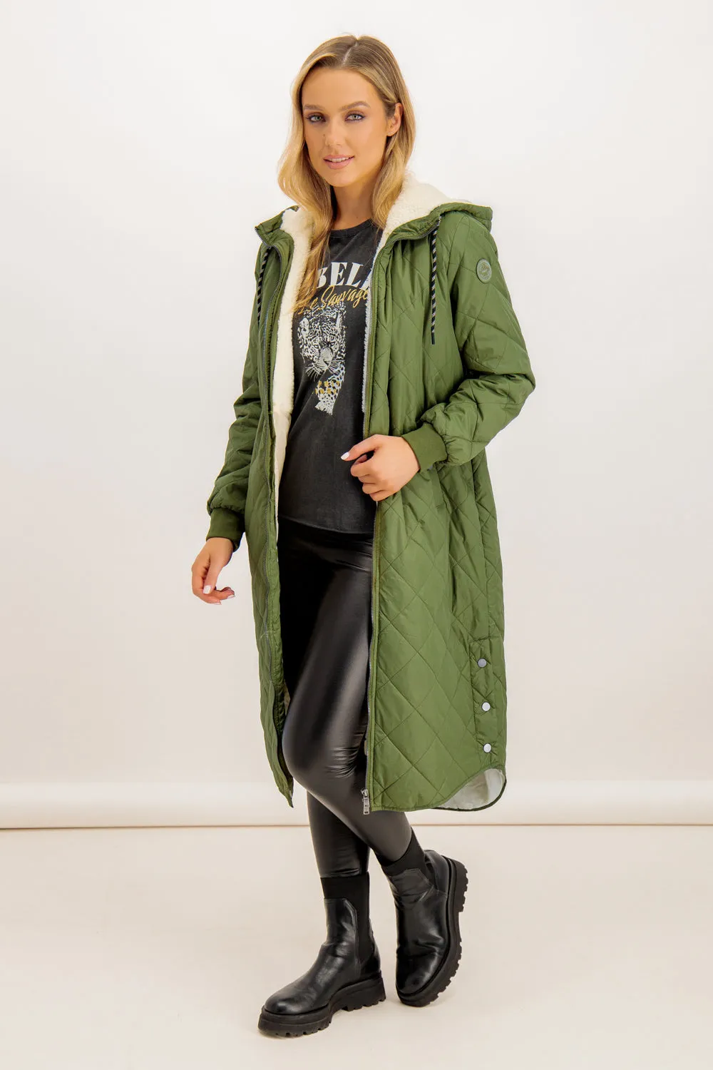 Sandy Fur Lined Khaki Green Quilted Coat