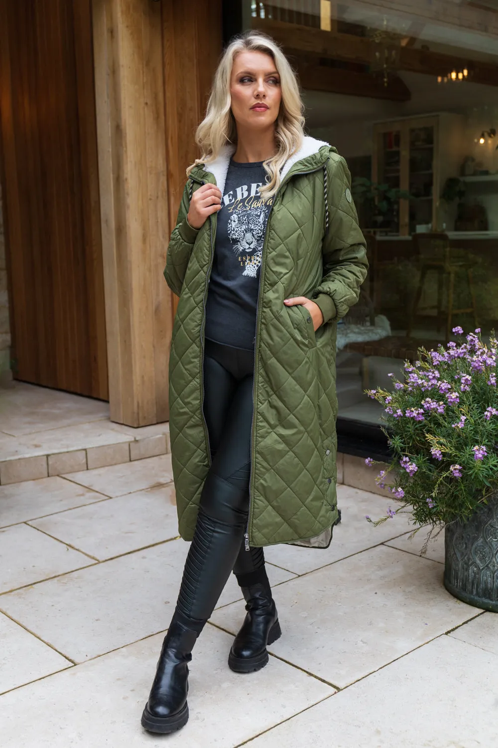 Sandy Fur Lined Khaki Green Quilted Coat