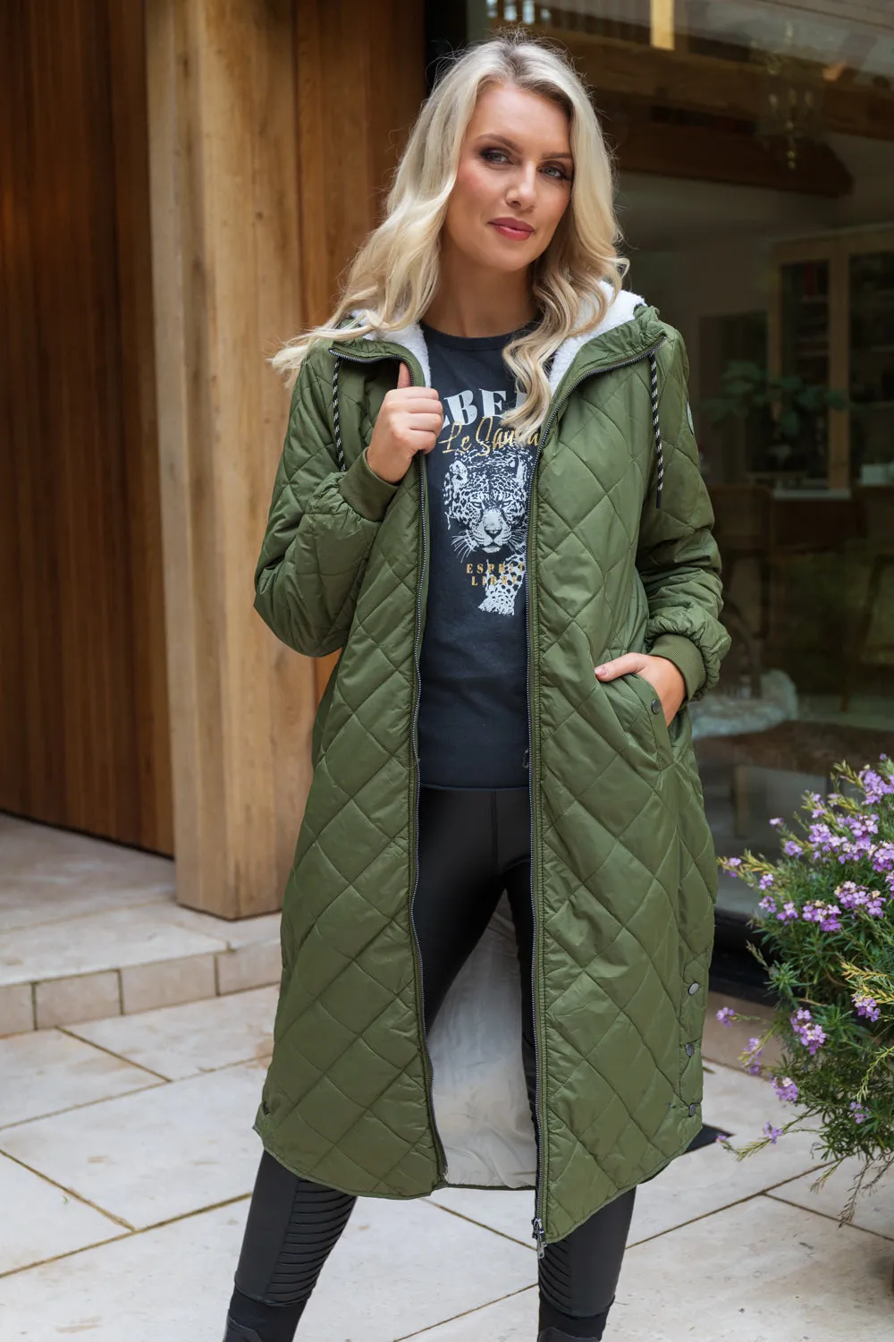 Sandy Fur Lined Khaki Green Quilted Coat