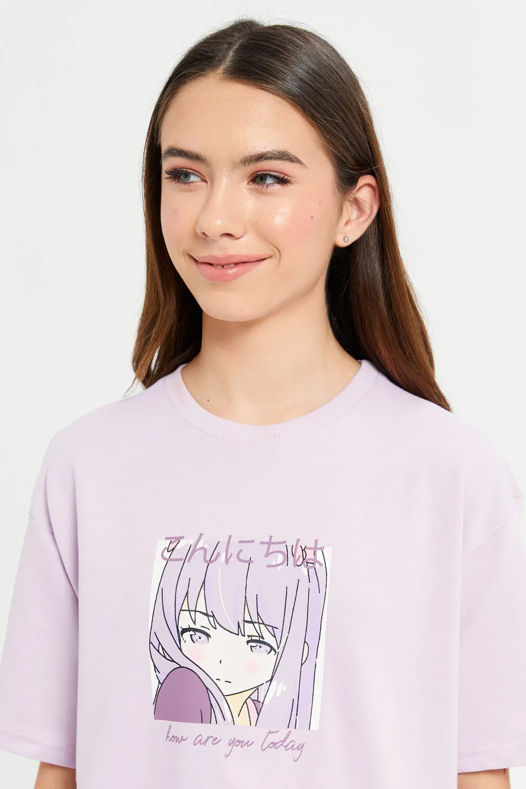 Senior Girls Lilac  Boxy Anime Printed T-Shirt