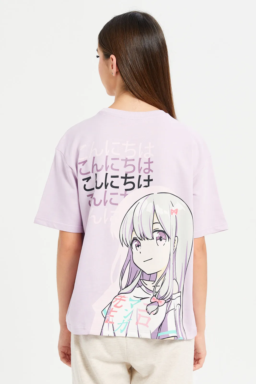 Senior Girls Lilac  Boxy Anime Printed T-Shirt