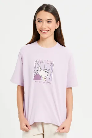 Senior Girls Lilac  Boxy Anime Printed T-Shirt