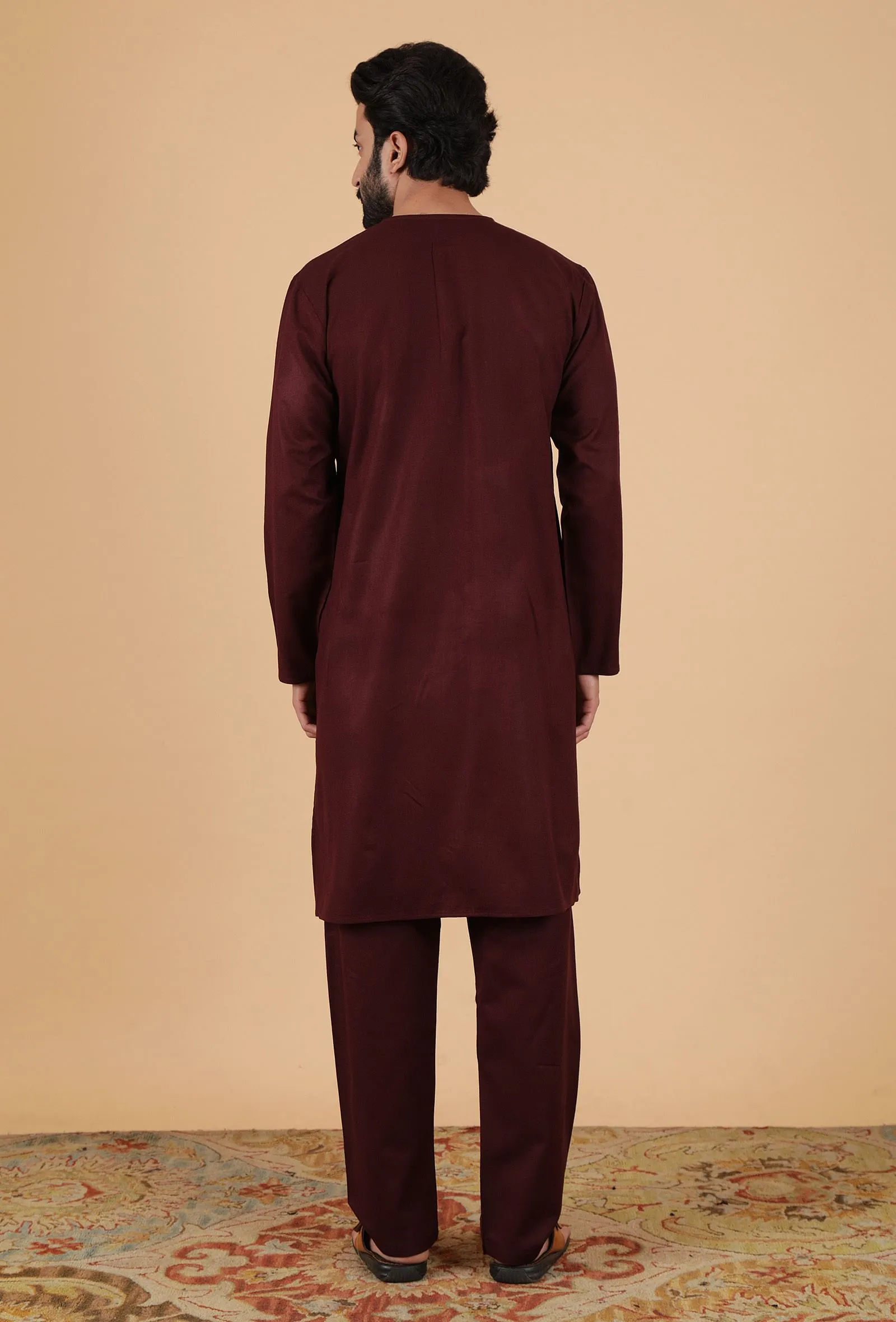 Set Of 2: Wine Cashmilon Woolen Kurta & Pajama