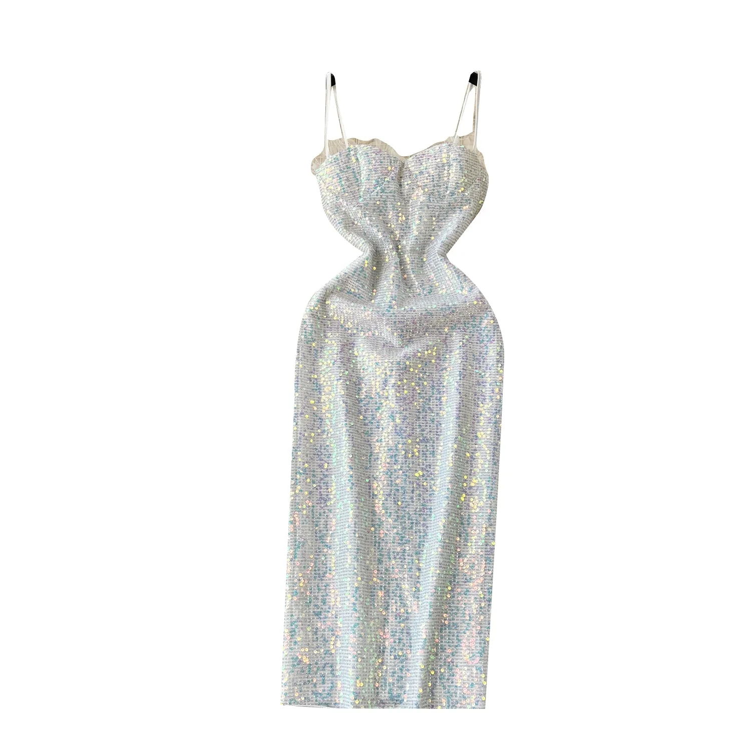 Shiny Silver Sequin Slip Dress