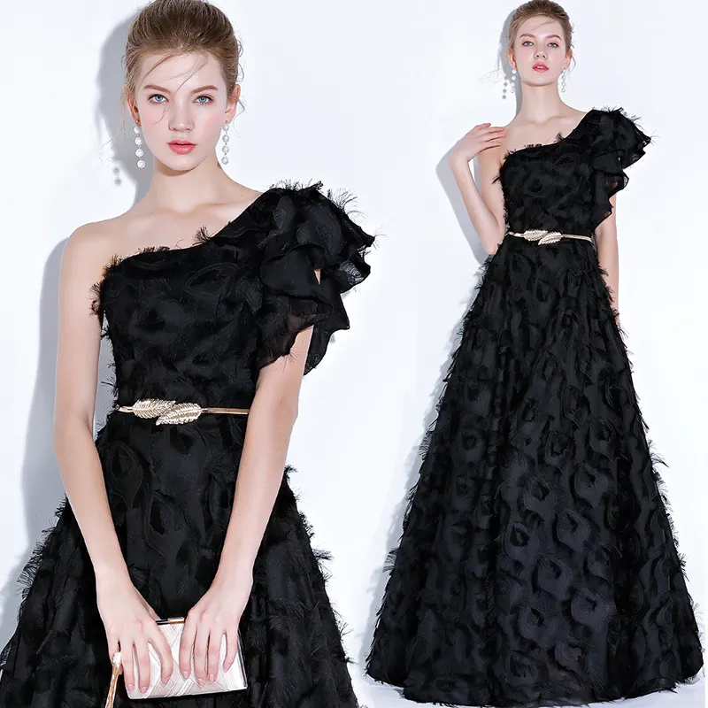 Short Puff Sleeve One Shoulder 3D Jacquard Chiffon Tassel Long Short Flare Evening Dress Gowns