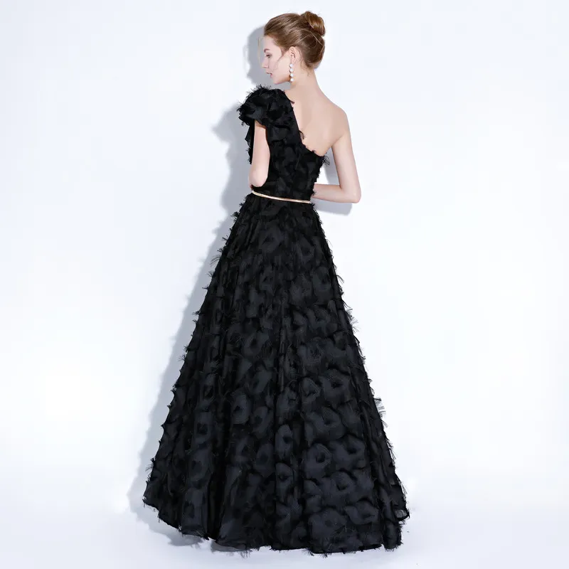 Short Puff Sleeve One Shoulder 3D Jacquard Chiffon Tassel Long Short Flare Evening Dress Gowns