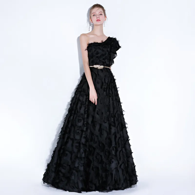 Short Puff Sleeve One Shoulder 3D Jacquard Chiffon Tassel Long Short Flare Evening Dress Gowns