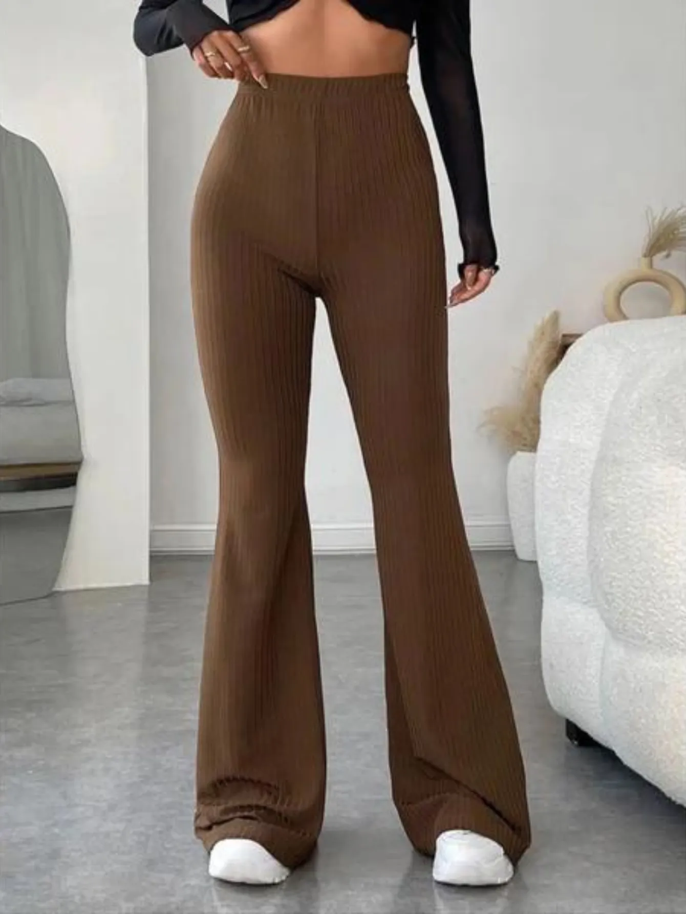 SOLID RIBBED FLARED-LEG PANT