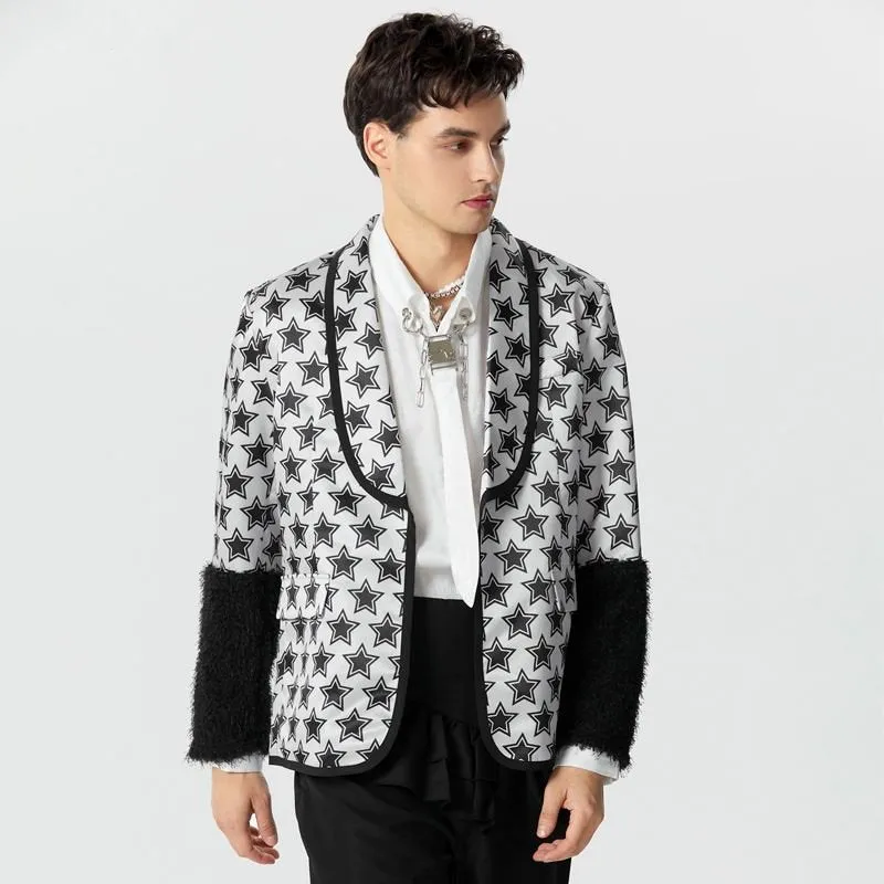 Star Printed Patchwork Plush Cuff Blazer