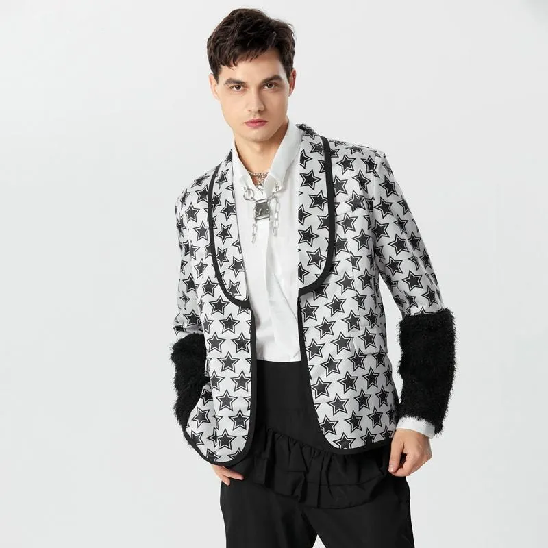 Star Printed Patchwork Plush Cuff Blazer