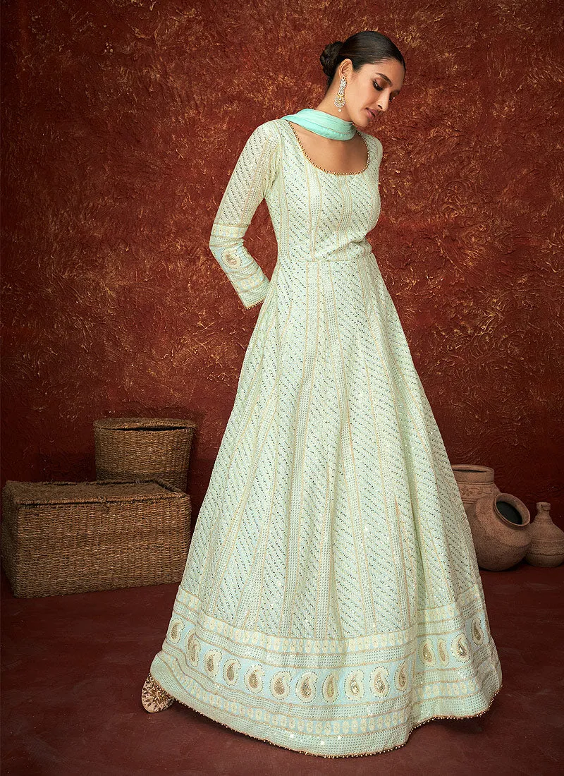 Teal Blue Lucknowi Embroidered Anarkali Suit