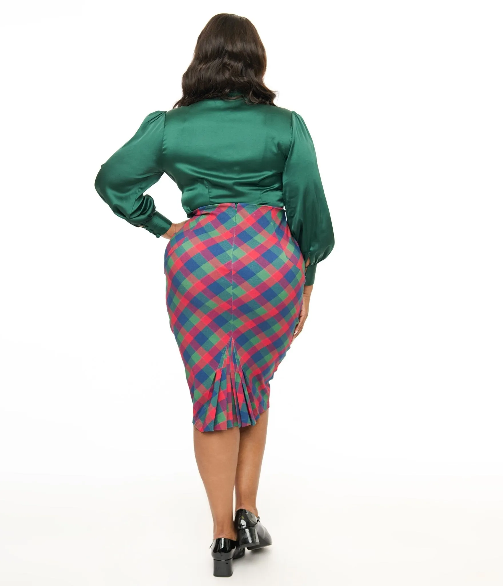 Unique Vintage Plus Size 1950s Green & Red Plaid Tracy Pencil Skirt